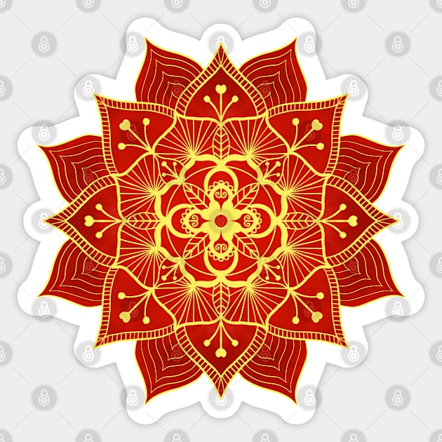 Gold and Red Floral Mandala Sticker by Orchyd